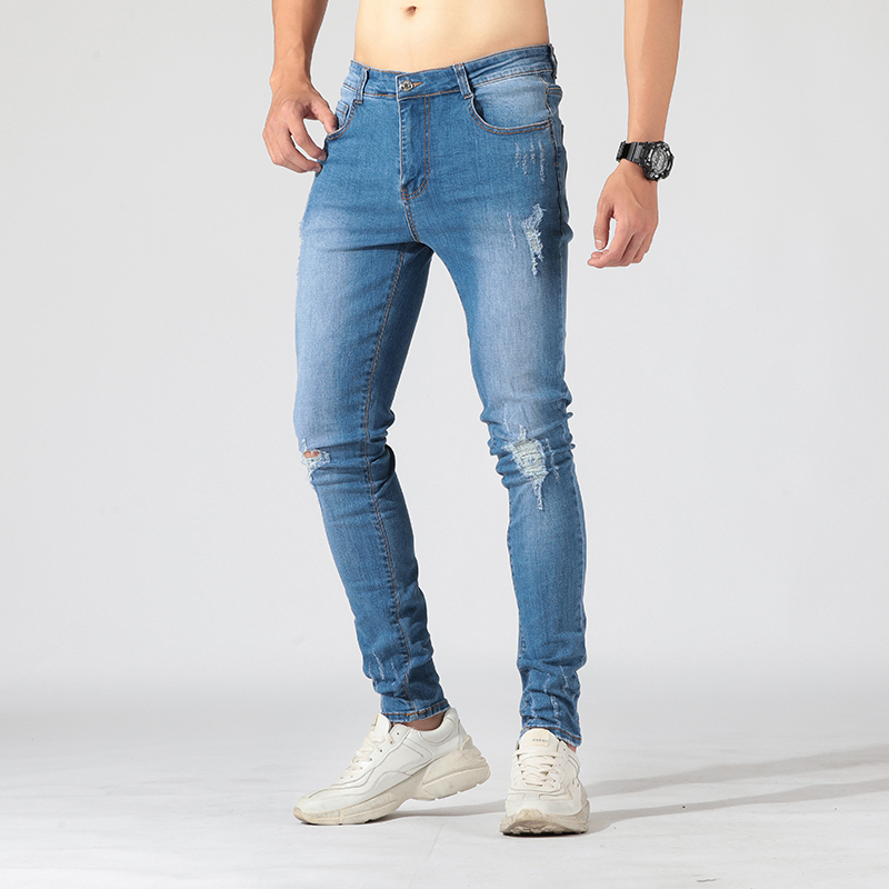 Wholesale man custom logo skinny slim fit trousers casual pants washed retro ripped men's jeans