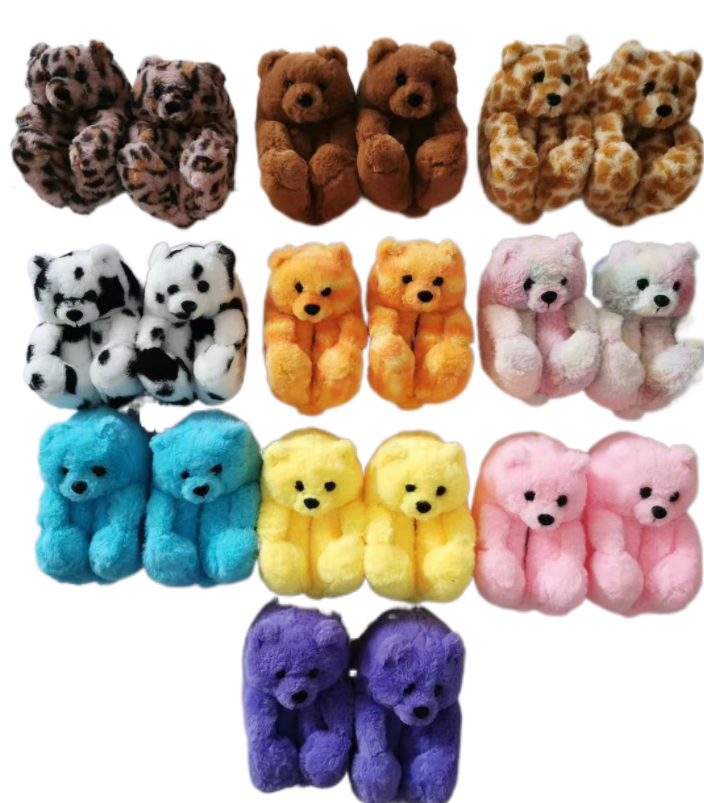 2021kids teddy bear slippers fashion Kids Fur Slides One Size Free Size child furry teddy bear plush slippers