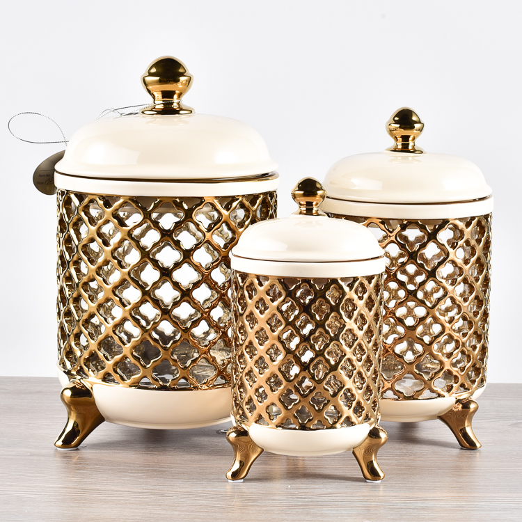 wholesale good quality royal luxury dubai home goods kitchenware food holes gold storage jar tea coffee canister sets with lid