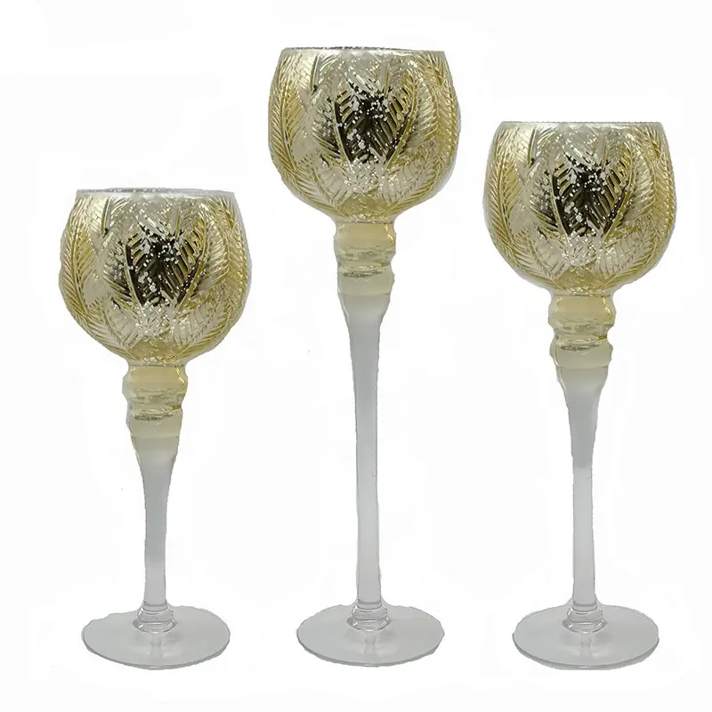 3 PcsTall Glass Goblet Candle Holders Tealight Wedding Table Candles Gold