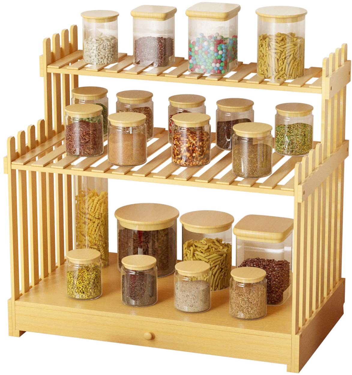 Wholesale Customization Kitchen Storage 3 Tier Bamboo Spice Rack With Drawer