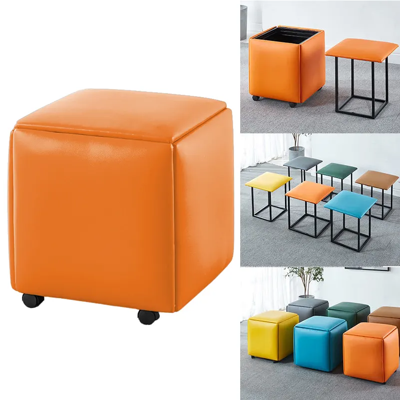 New Design Multipurpose Cube Stool Upholstered Footrest Leather Ottoman with Wheels Unique Space Saver 5 Seats Organized in 1