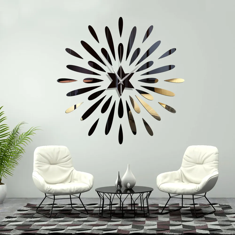 Five-pointed star fringe DIY silent movement acrylic mirror clock wall stickers for living room bedroom wall decals