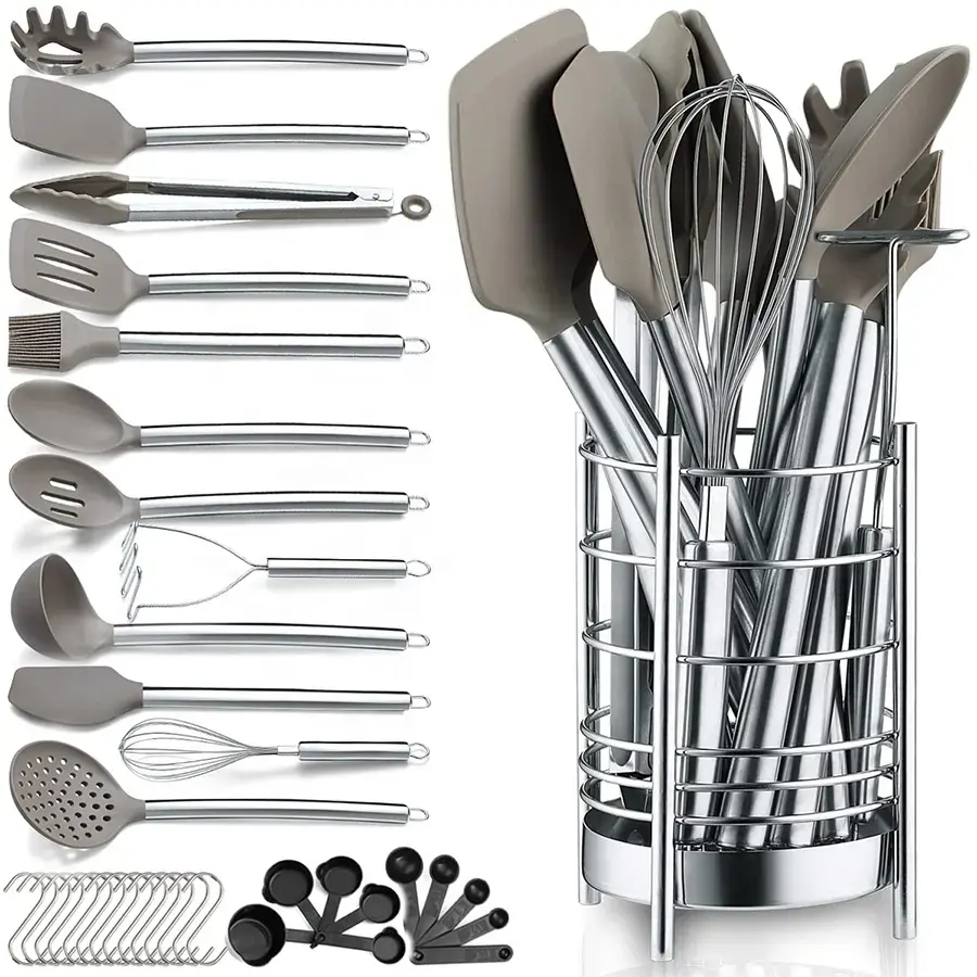 Kitchen Accessories Cooking Tools 33 Pcs Silver Stainless Steel Handle Kitchen Gadget Silicone Cooking Utensils Set