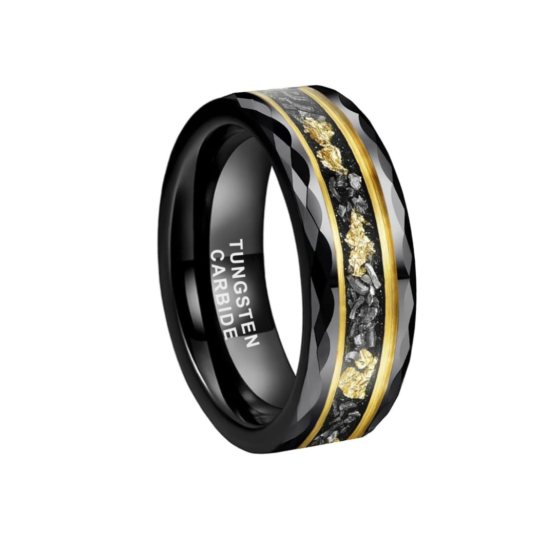 8MM Tungsten Carbide Rings for Men Hammered Polished Faceted Edge Wedding Band Gold foil with Black Dinas Inlay Comfort Fit