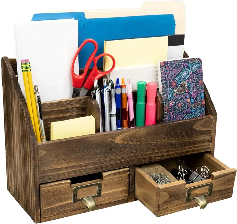 Rustic Wood Office Desk Organizer Includes 6 Compartments and 2 Drawers to Organize Desk Accessories