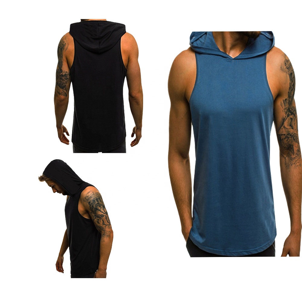 Manufacture OEM LOGO printing mens gym top sleeveless pullover hooded hoodies men's tank tops