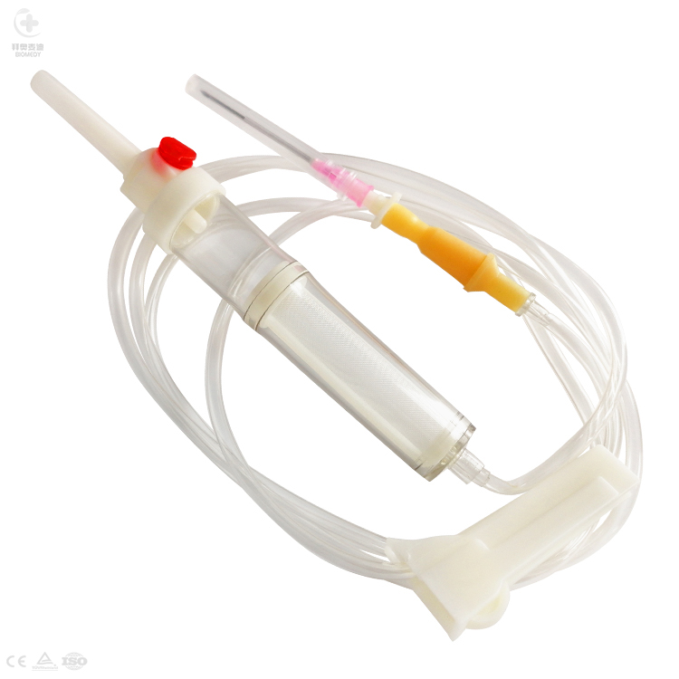 Blood Tranfusion Set (20 drops/ml), Flexible double chamber bag, Filter, Roller Clamp, Latex-Free Bulb, Luer Slip conn., 1.5m