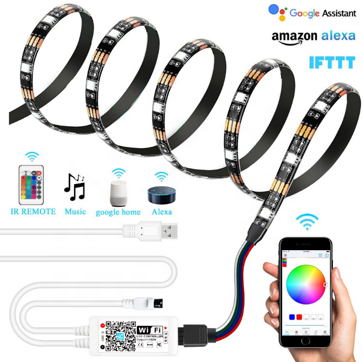 Dropshipping 1M 2M Wifi Smart LED Strip RGB Waterproof USB Smart Strip Compatible with Alexa for TV and PC usb powered led strip