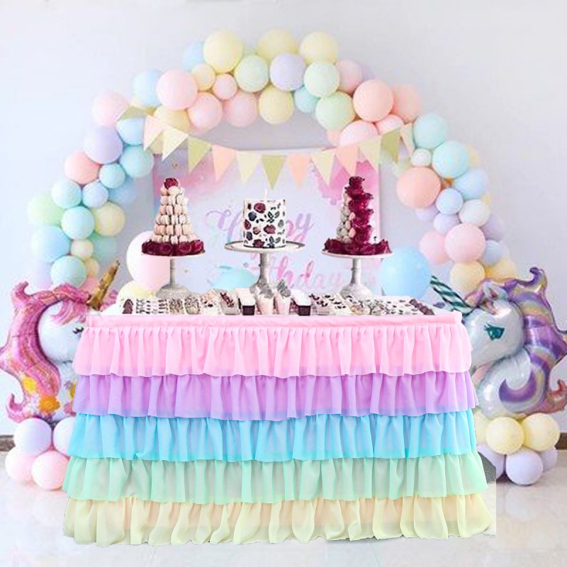 Custom made 5 layers rainbow beautiful gathered ruffled table skirt for party