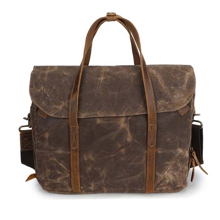 Dropshipping Waterproof Waxed Canvas With Leather Handbag Vintage Briefcase Bag Mens Laptop Messenger Bag