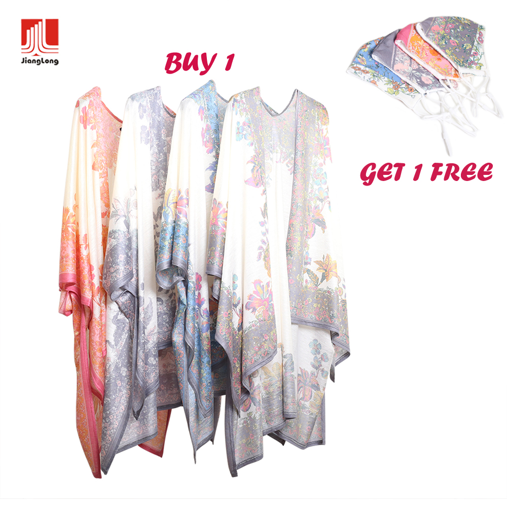 New lightweight boho border floral digital print topper ruana knitted shawl poncho kimono women with matching free facemask
