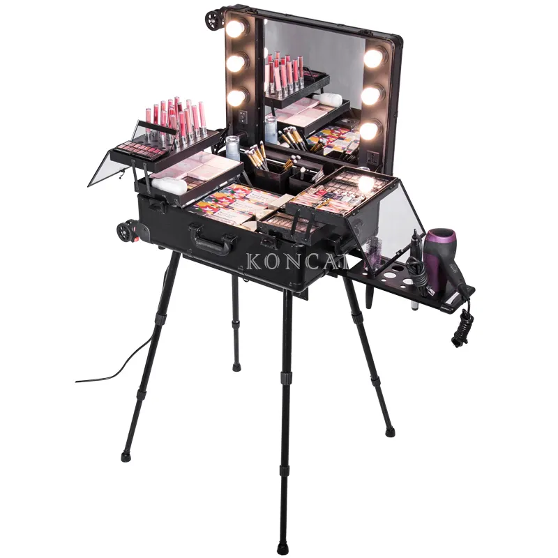 KONCAI Custom Pink Nail Artist Manicure Table Rolling Case Nail Polish Storage Makeup Case Cosmetic Trolley Suitcase