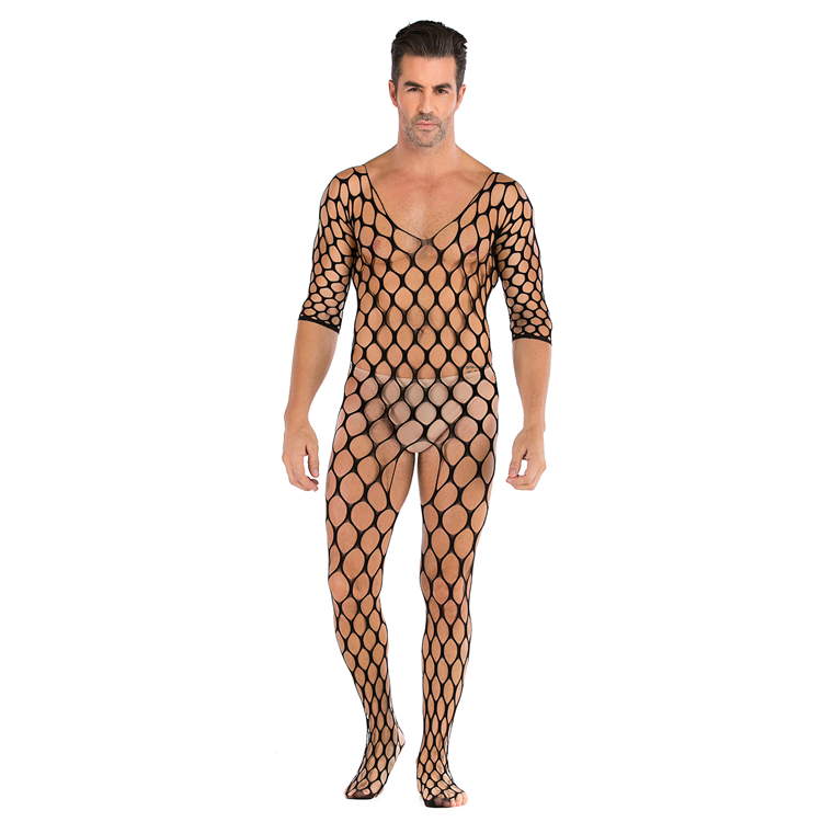 Sexy Black Long Sleeve Men Hot Transparent Hollow Out Fishnet Mesh Sexy Bodysuits Men's Lingerie