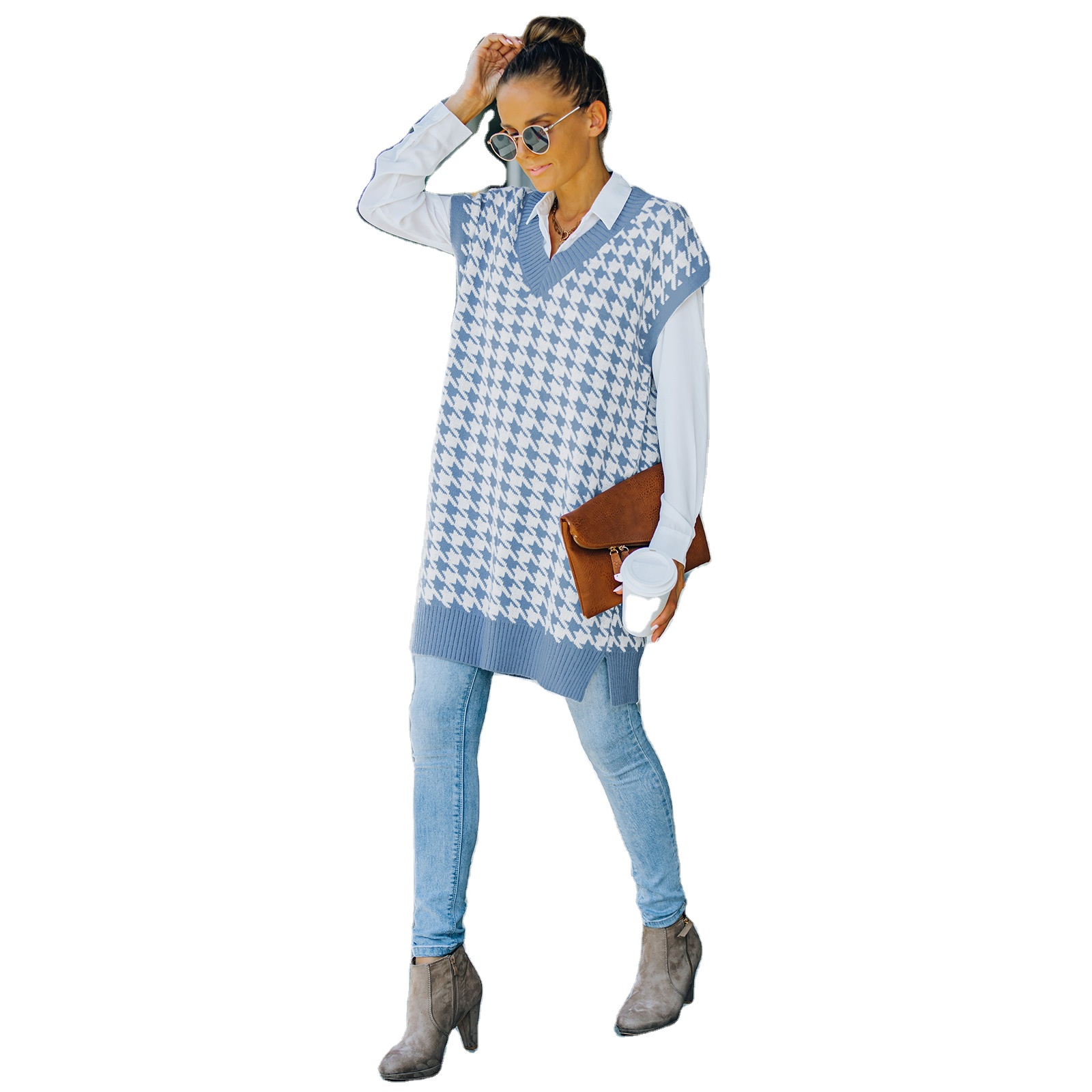 CL-1015 Wholesales Early Autumn Women's Loose Slim Sleeveless Top Temperament Ladies Style V-neck Plaid Contrast Knitted Vest