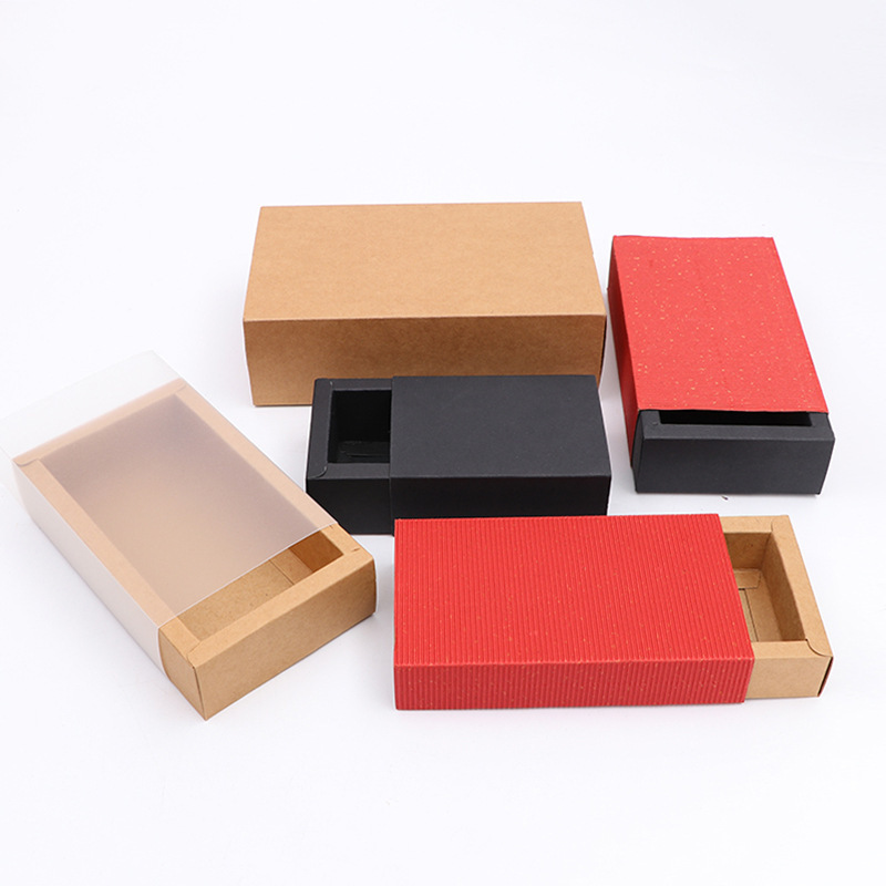 Eco Friendly Brown Kraft Paper Foldable Drawer Gift Box Custom Socks Drawer Sliding Packaging Box drawer box With Clear Window
