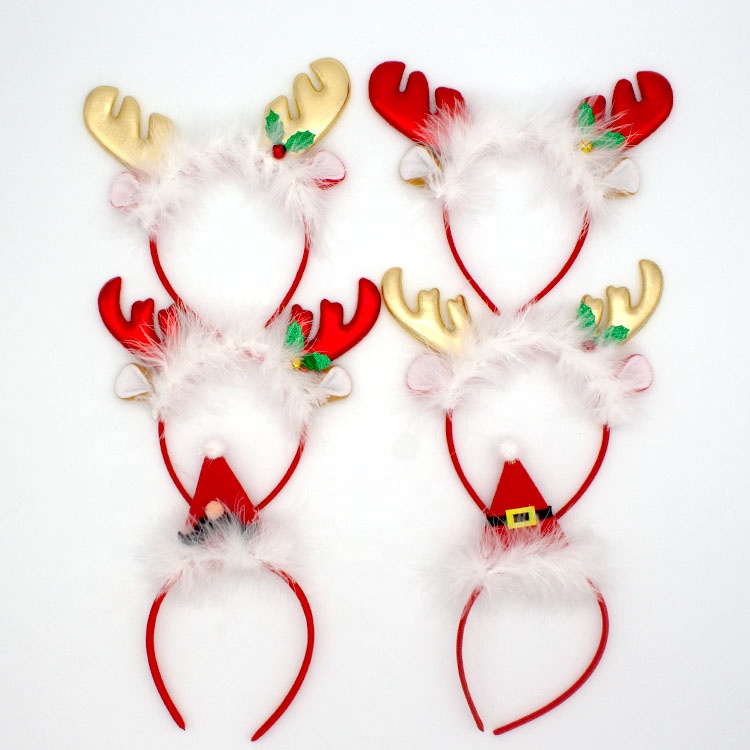 Wholesale Bright cloth Xmas Reindeer Antlers Hair Hoop Funny Feather Headdress For Kids And Girls Hair Accessories