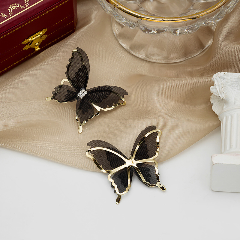 Unique design spun yarn butterfly stud earrings silver needle double layer earring