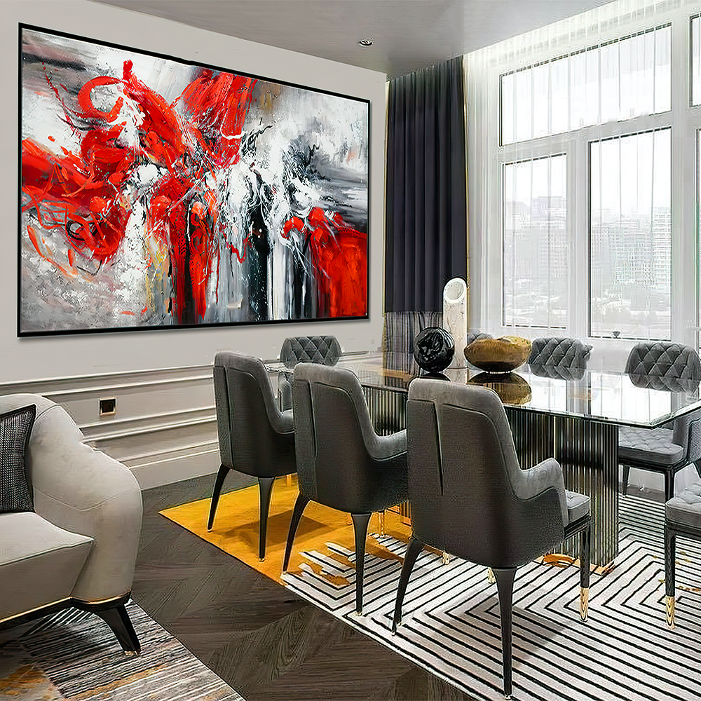 Hand-Painted Abstract Acrylic Wall Art with Colorful Texture and Panoramic Frame