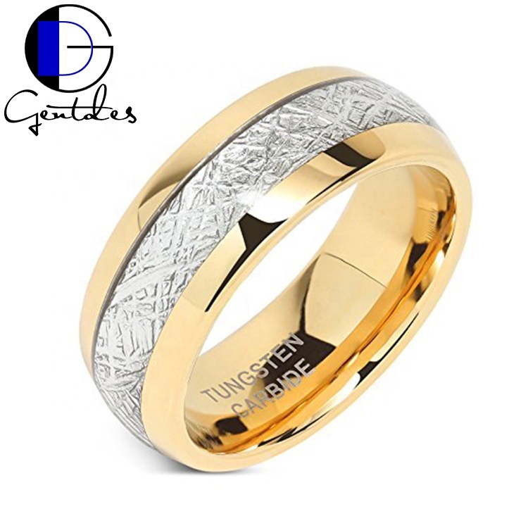 Gentdes Jewelry 18K Yellow Gold Wedding Band Men's Engagement Ring Gold Tungsten Ring Silver Foil Inlay Men's Wedding Band Ring