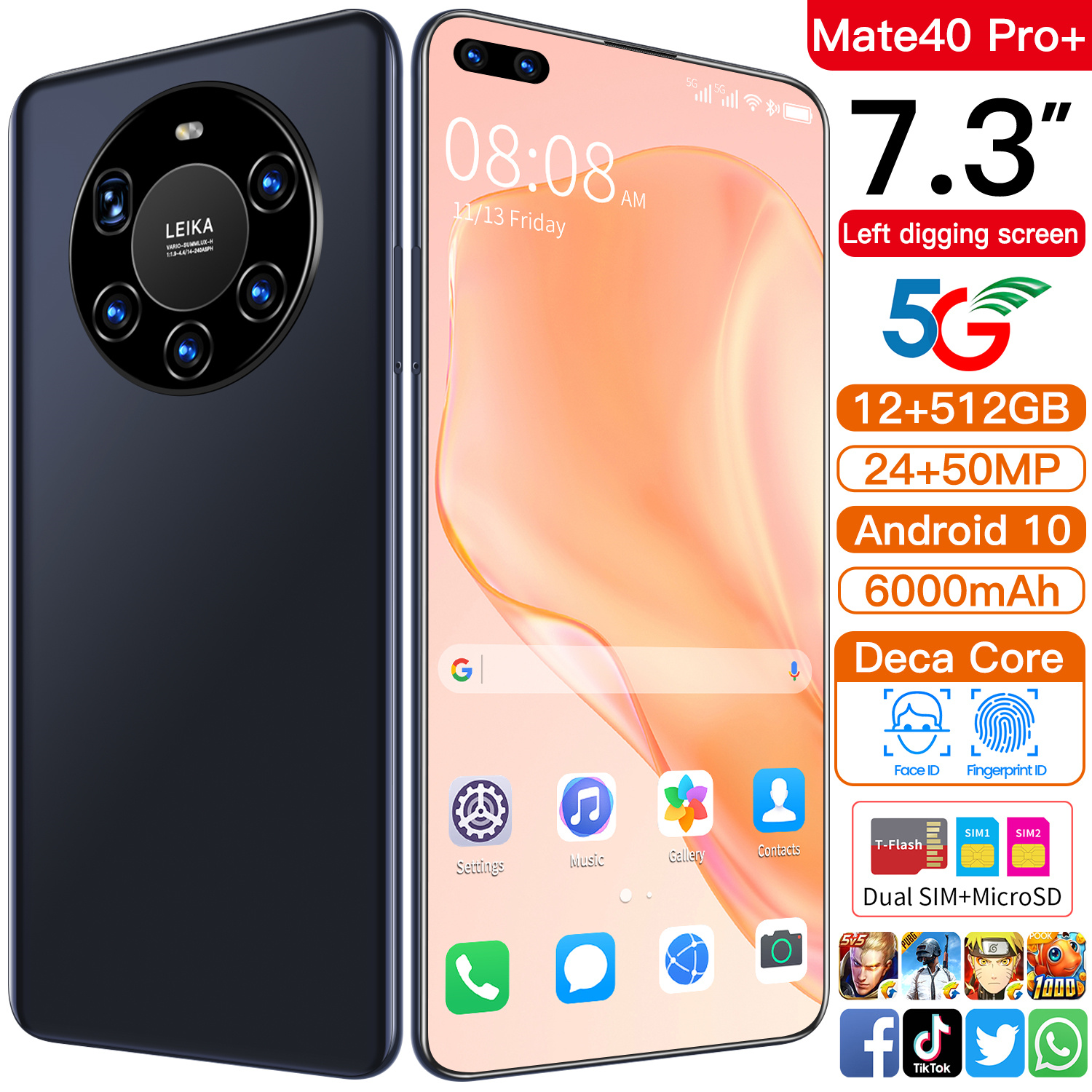 Мобильный телефон Mate40 pro +, две SIM-карты, HD, большой экран, 7,3 дюйма, 8 ядер, 512 ГБ, Заводская поставка, смартфон