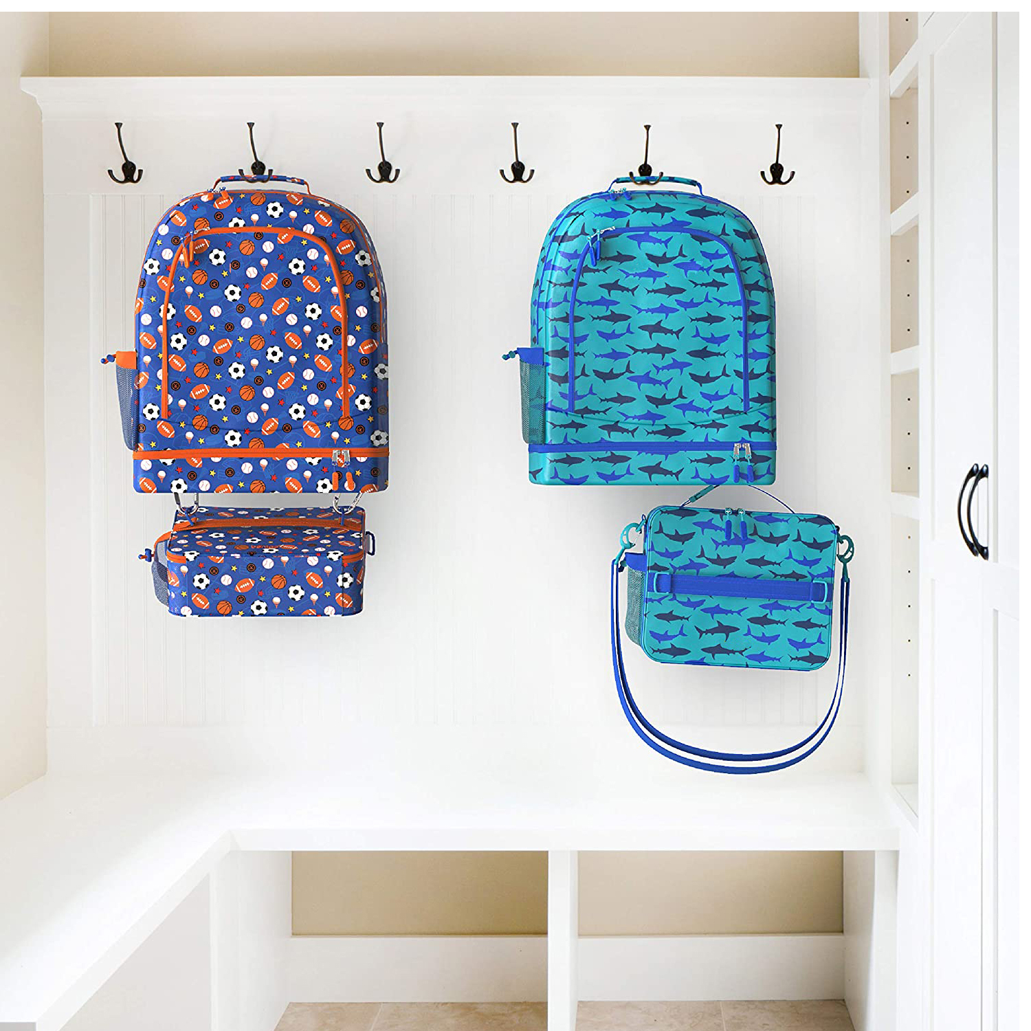 Kids Prints Insulated Durable Water-Resistant Fabric Lunch Cooler Bag with Zippered Pockets External Bottle Holder for Boys