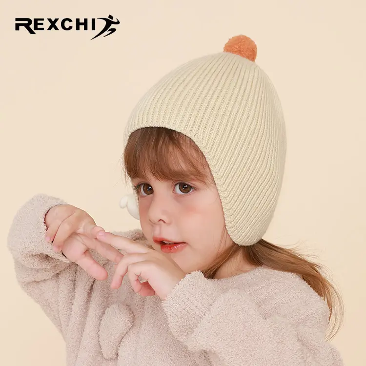 Rexchi DRMZ24 опт Милая шапка-ушанка вязаная шапочка зимняя Брендовая детская одежда из Джерси для малышей Шапка с меховым пом мяч меховая шапка-ушанка с маской для защиты