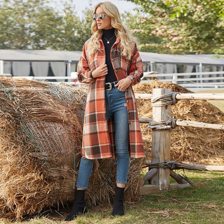2021 Europe and American Style High Quality Checkered Long Coat Flannel Plaid Jackets for Elegant Casual Women