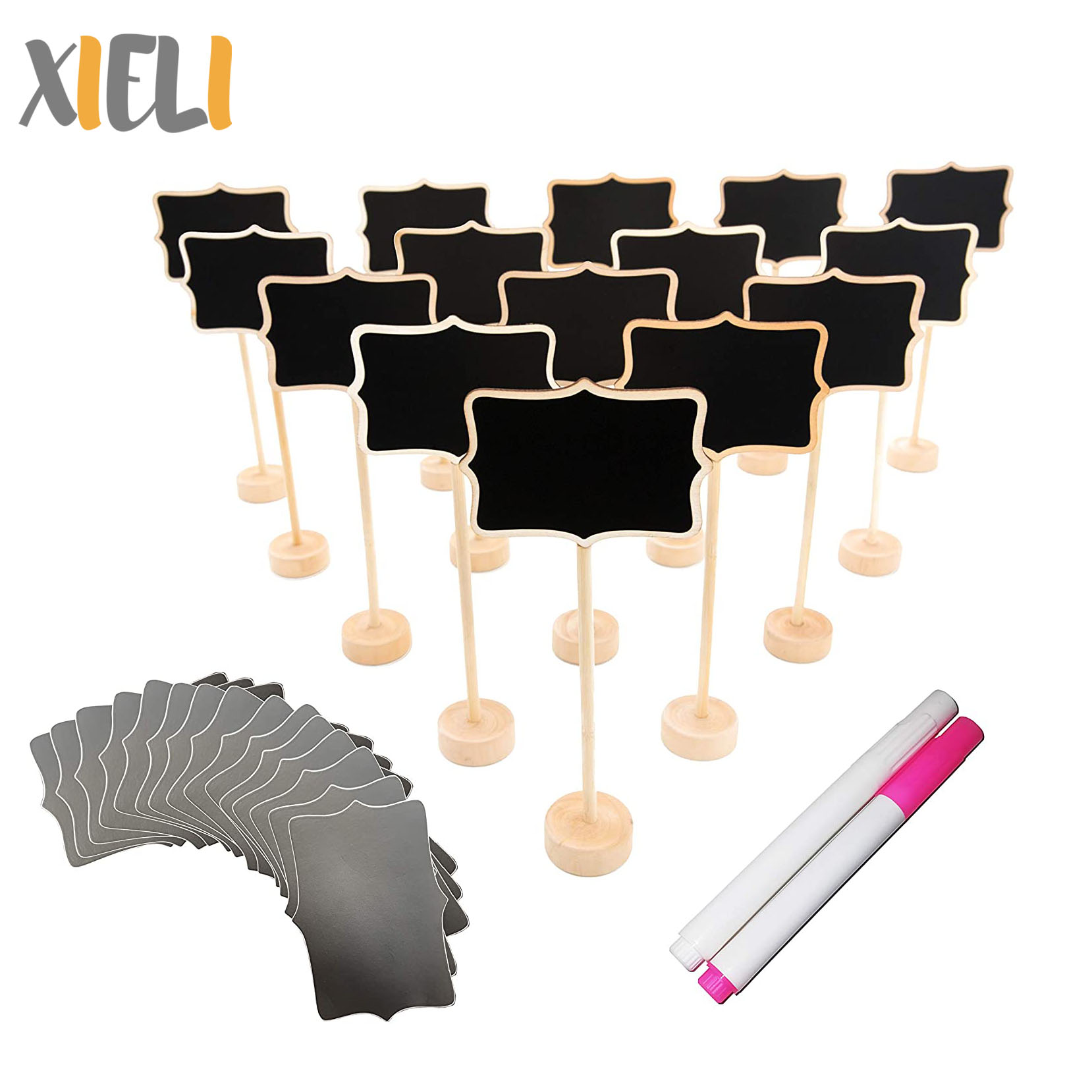 15 Pack Water-Based Chalk and Replacement Stickers Are Included Wood Mini Chalkboard Signs