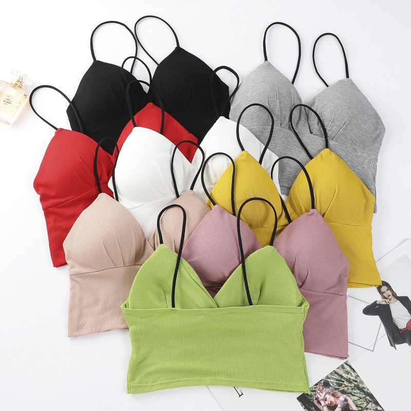 Women's Multi-color Sexy V Neck Spaghetti Straps Removable Padded Camisoles Ladies Beauty Back Wrap Chest Tube Tank Tops