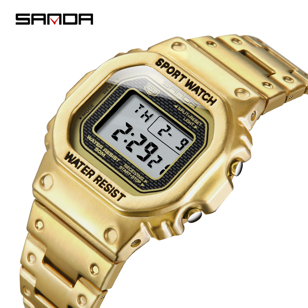 SANDA 390 king золотые мужские цифровые часы цветочный Рисунок со стальным ремешком, водонепроницаемые, отображение дня недели в минималистском стиле путешествия дизайн часов