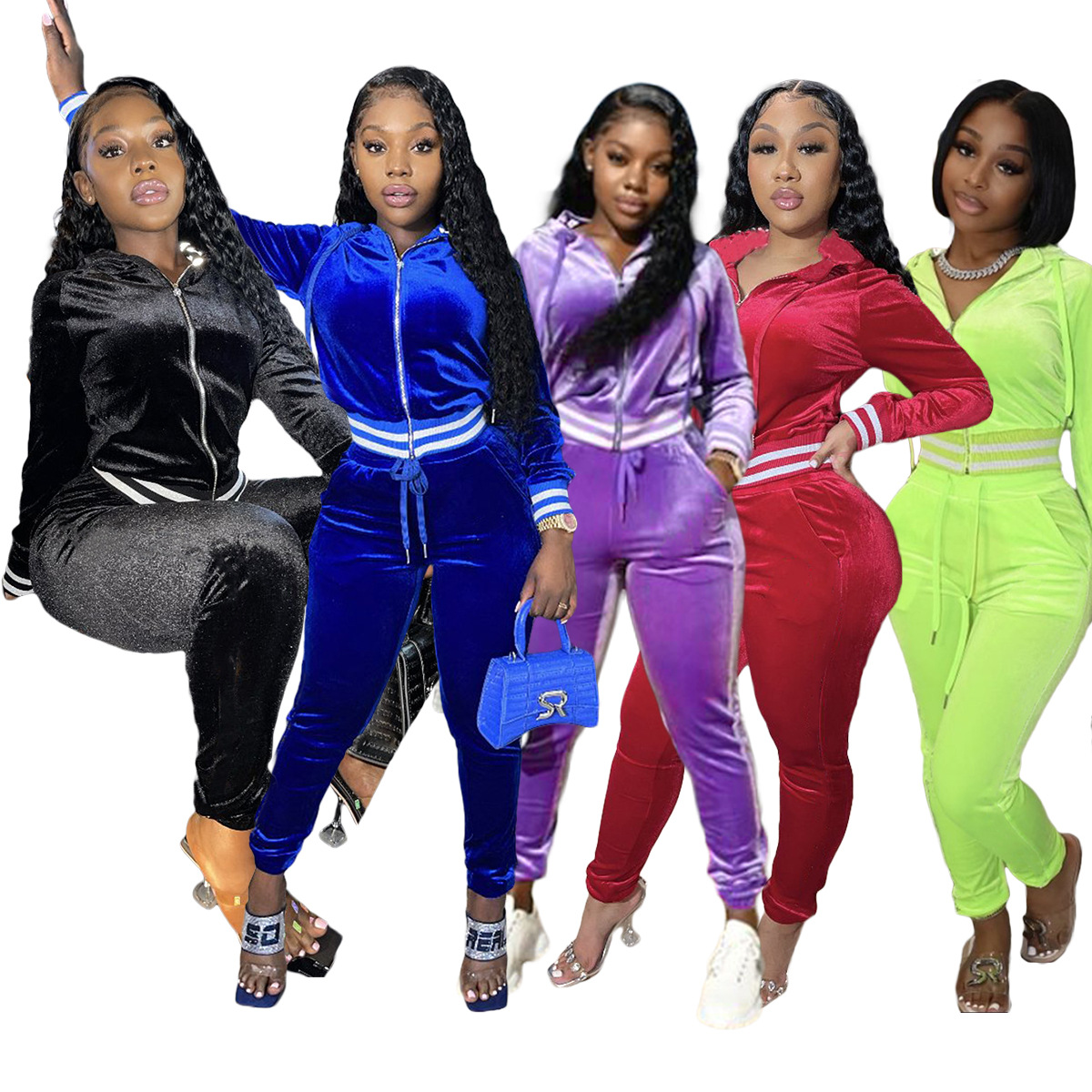 Ladies Hoodie Sweatpants Suit Winter Thick Solid Color for Women