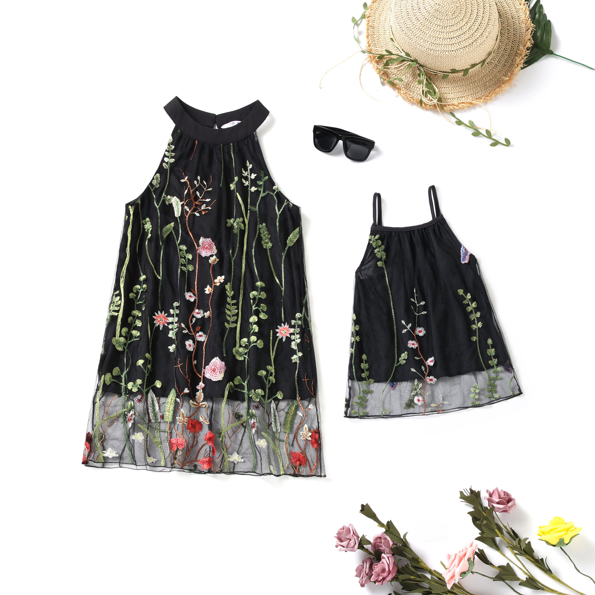 Ins Fashion Summer Family Clothes Outfits Sleeveless Embroidery Flower Mom Girl Top Parent Child tops
