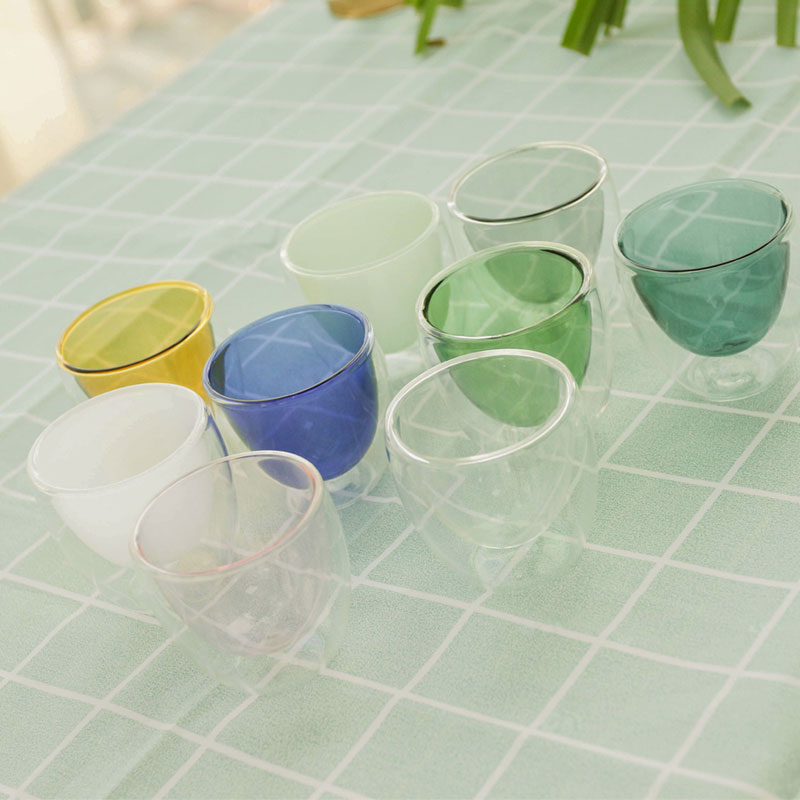 China Supplier vacuum custom logo high borosilicate handmade design double wall glass cup colored