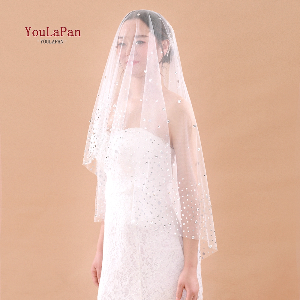 YouLaPan V29 Handcrafted Studio Bridal Veil Round Top Grade Rhinestone Shining Mesh Veil