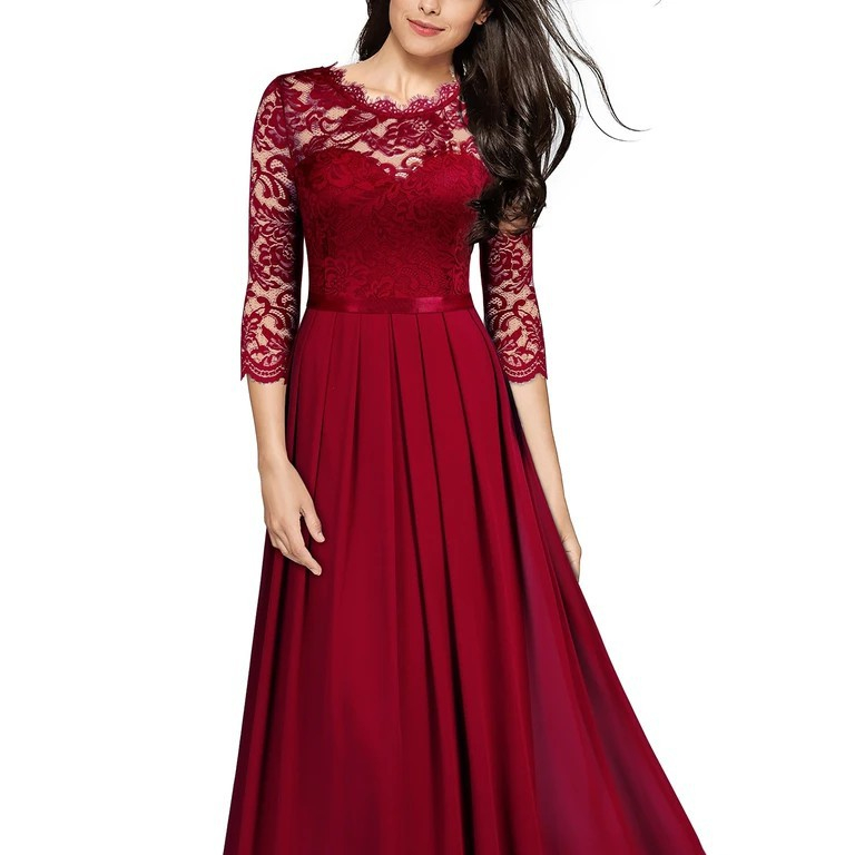 Womens Long Bridesmaids Wedding Dress Half Sleeve Elegant Lace Round Neck Maxi Ladies Evening Party Dresses