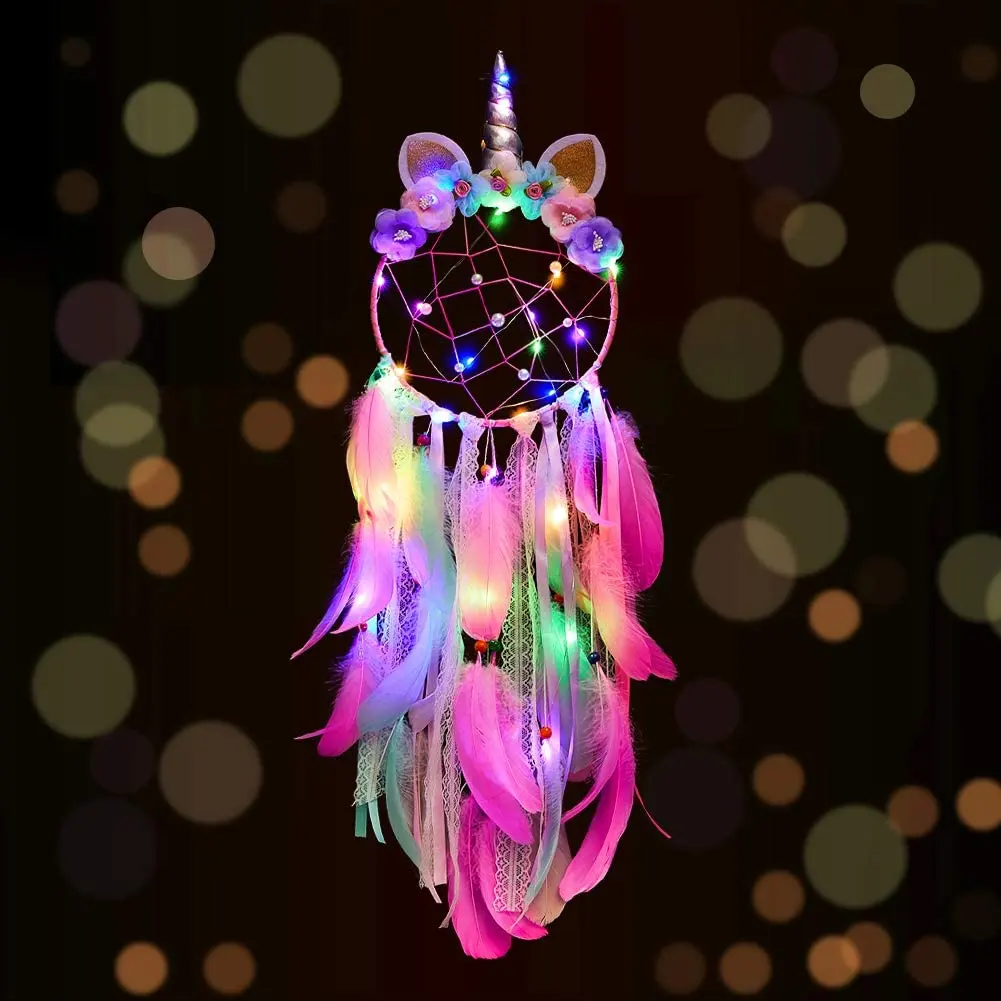 Unicorn Dream Cather Wall Decor Led Dream Catchers with Light Colorful Feather Dreamcathers for Bedroom Wall Hanging Decoration