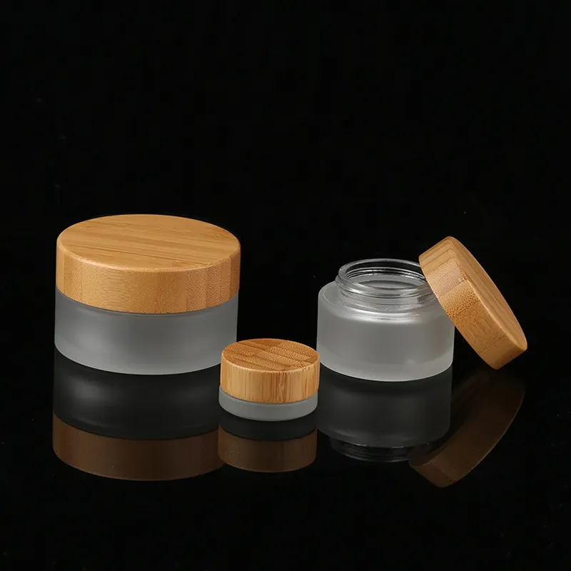 Eco-friendly Clear Frosted Glass Bamboo Cosmetic Container Cream Jar with Bamboo Lid