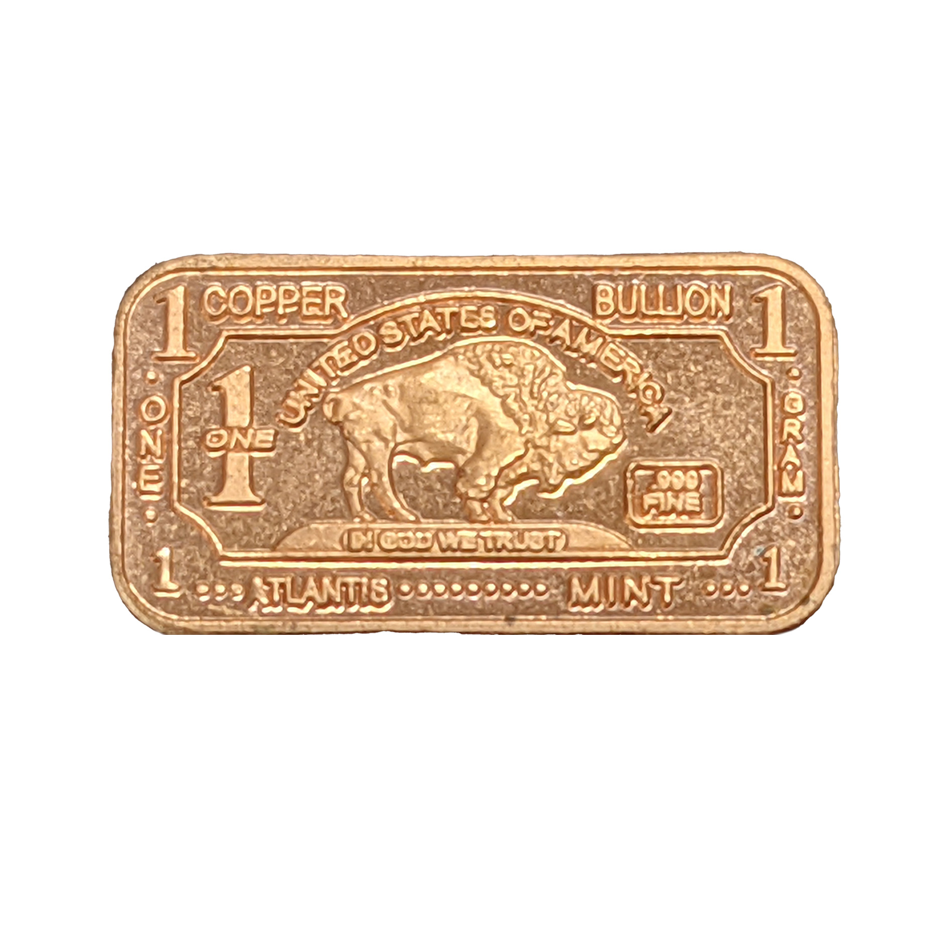 Copper 1gram Fine .999 Ingot 1 gram pure maple bar buffalo designs 15x8mm