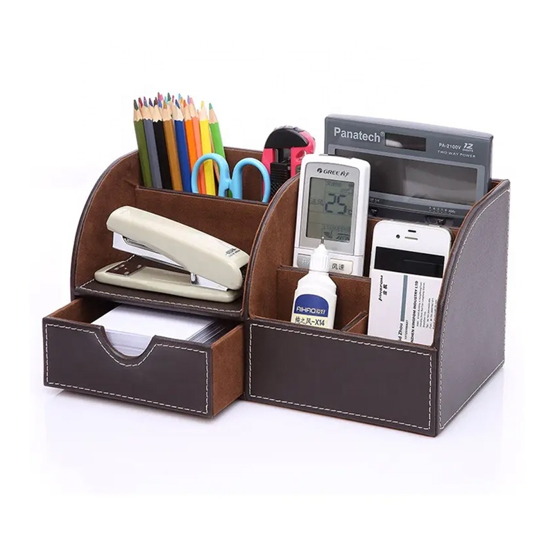 Multifunctional Handmade Luxury PU Leather Office Desk Organizer Set Office Desk Organizer