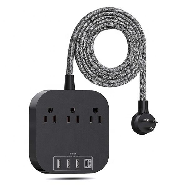 Американский стандартный удлинитель питания с USB C, 3 выхода, 3 USB-порта, 4,5 А, плоская штепсельная зарядная станция для рабочего стола с плетеным удлинителем 6 футов