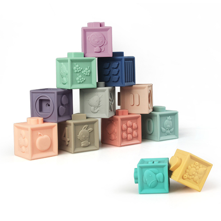 Educational Food Grade Emboss soft Squeeze silicone baby teether building blocks stacking toys