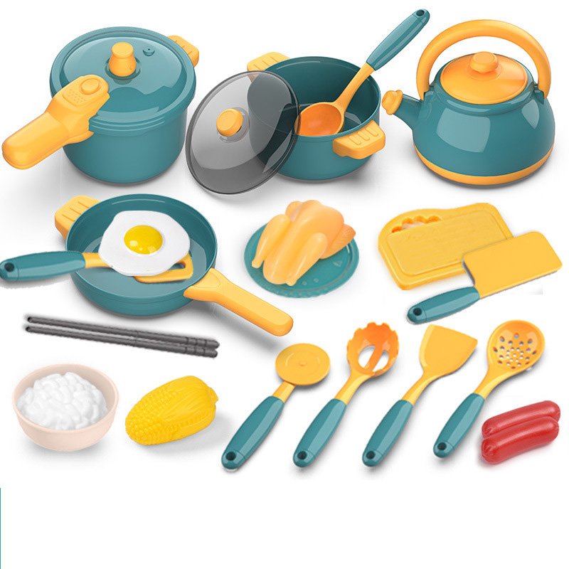 21 pcs Newest Amazon Hot Selling Children Kitchen Toys Simulation Kitchen Utensils Food Cookware Pot Pan toy food