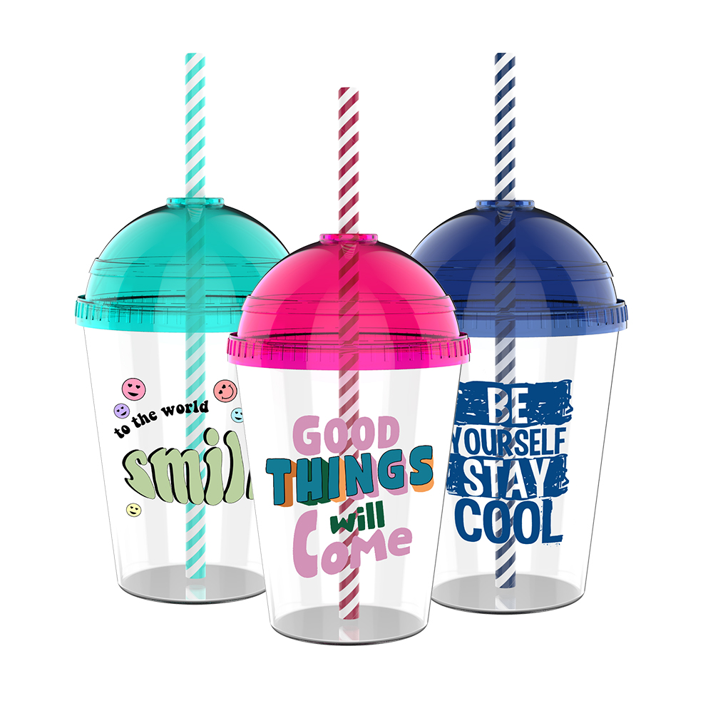 400Ml AS Double Wall Glittered Cups Clear Water Bottle Plastic With Straw And Lid