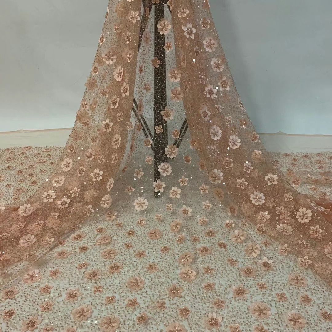 Wedding Cloth 3D Rose Flower Embroidery beaded sequined floral embroidery lace fabric for wedding decoration