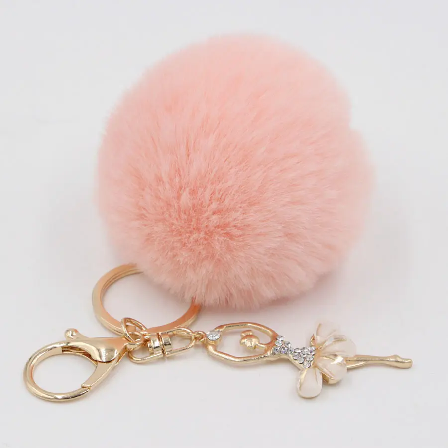 2021 Bulk custom key rings Custom rabbit fur ball fluffy Big Puff Fluffy Keychain with dancing girl