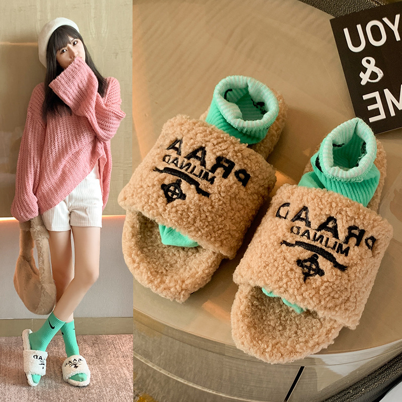 2021 korean slipper warm plush sheepskin With letters platform fluffy soft slippers