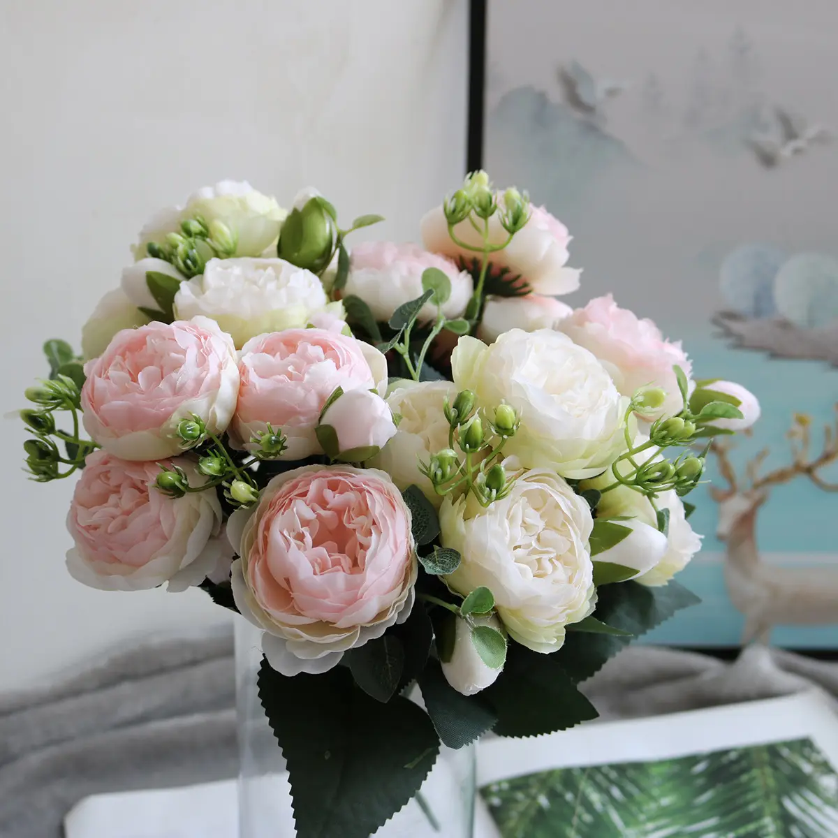 Wholesale Fabric Dried Flower 5 Heads Rose Artificial Flowers for Wedding Decoration