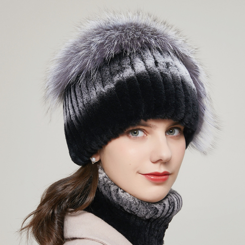 hot sale Rex rabbit fur hat fall winter fashion suit women's warm weaving fox fur earmuffs hat
