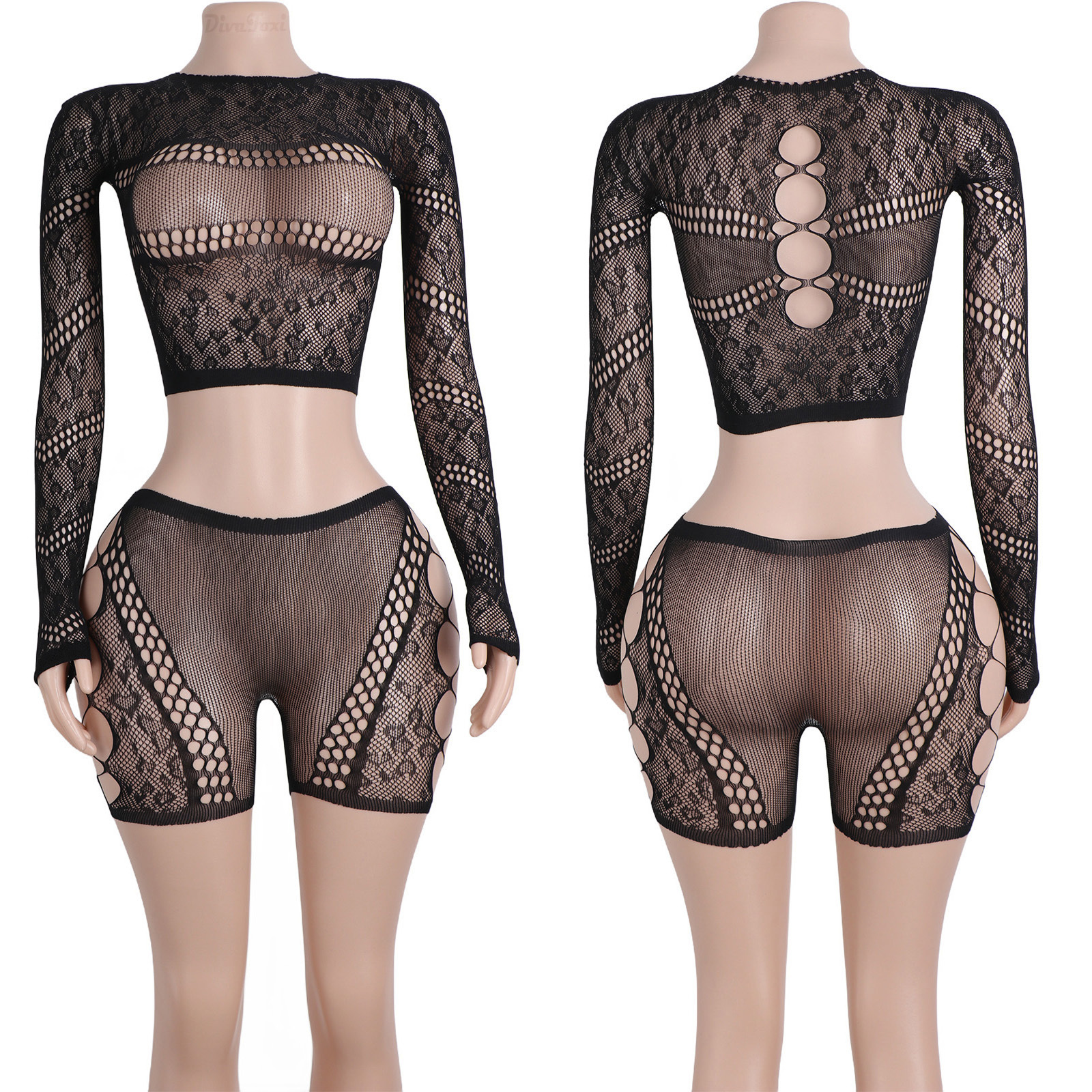 Women's Exotic Black Lace Two-Piece with Sleeves Design Wholesale Club Performance Dancewear Mesh Shorts Set Adult Dancer Shorts